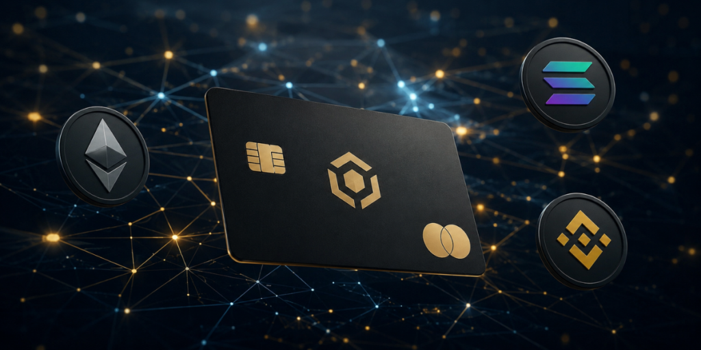 tarjeta de criptomonedas, logo de Ethereum, Solana y BNB Smart Chain.