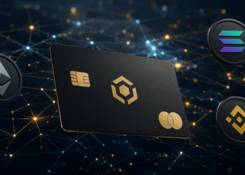 tarjeta de criptomonedas, logo de Ethereum, Solana y BNB Smart Chain.