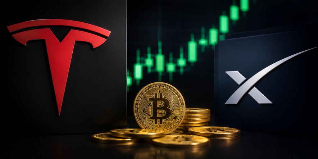 Logo de Tesla y de SpaceX, unas monedas de BTC y velas verdes.