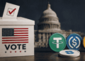 Caja de votación, junto con la Casa Blanca de fondo. Principales stablecoins del lado derecho.