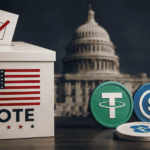 Caja de votaciรณn, junto con la Casa Blanca de fondo. Principales stablecoins del lado derecho.