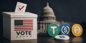 Caja de votación, junto con la Casa Blanca de fondo. Principales stablecoins del lado derecho.