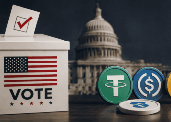 Caja de votación, junto con la Casa Blanca de fondo. Principales stablecoins del lado derecho.