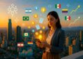 Una mujer sostiene un teléfono celular y de él surgen símbolos de dólar y documentos, alrededor hay banderas de varios países latinos.