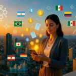 Una mujer sostiene un teléfono celular y de él surgen símbolos de dólar y documentos, alrededor hay banderas de varios países latinos.