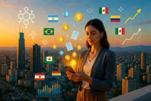Una mujer sostiene un teléfono celular y de él surgen símbolos de dólar y documentos, alrededor hay banderas de varios países latinos.