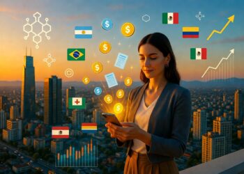 Una mujer sostiene un teléfono celular y de él surgen símbolos de dólar y documentos, alrededor hay banderas de varios países latinos.