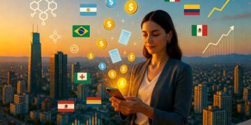 Una mujer sostiene un teléfono celular y de él surgen símbolos de dólar y documentos, alrededor hay banderas de varios países latinos.