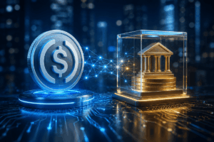 Stablecoin y fondo tokenizado conectados por una red