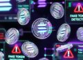 Tokens falsos USDPT flotando en una interfaz digital de la red Solana con alertas rojas de “Fake Token Detected”.