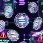 Tokens falsos USDPT flotando en una interfaz digital de la red Solana con alertas rojas de “Fake Token Detected”.