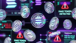 Tokens falsos USDPT flotando en una interfaz digital de la red Solana con alertas rojas de “Fake Token Detected”.