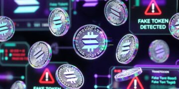 Tokens falsos USDPT flotando en una interfaz digital de la red Solana con alertas rojas de “Fake Token Detected”.