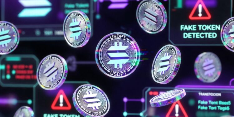 Tokens falsos USDPT flotando en una interfaz digital de la red Solana con alertas rojas de “Fake Token Detected”.