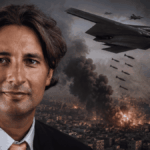 En primer plano: Damir Tokic. En el fondo: imágenes que ilustran un ataque aéreo de Estados Unidos a Irán.