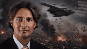 En primer plano: Damir Tokic. En el fondo: imágenes que ilustran un ataque aéreo de Estados Unidos a Irán.