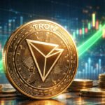 Moneda física de Tron (TRX) frente a gráficos alcistas de criptomonedas en un entorno financiero digital.