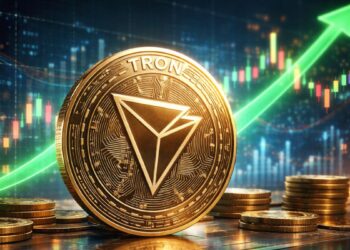 Moneda física de Tron (TRX) frente a gráficos alcistas de criptomonedas en un entorno financiero digital.