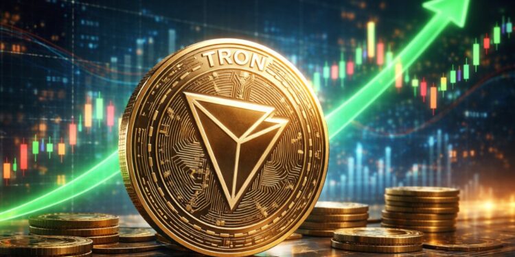 Moneda física de Tron (TRX) frente a gráficos alcistas de criptomonedas en un entorno financiero digital.
