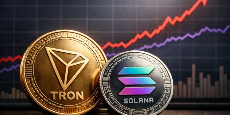 Monedas de Tron y Solana frente a gráfico financiero donde Tron supera a Solana en usuarios activos diarios.