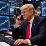 Donald Trump operando en la bolsa de valores frente a mรบltiples pantallas con grรกficos financieros.
