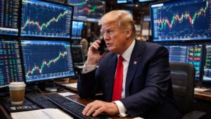 Donald Trump operando en la bolsa de valores frente a múltiples pantallas con gráficos financieros.