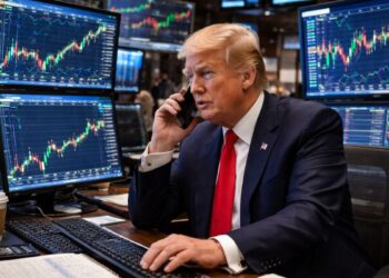 Donald Trump operando en la bolsa de valores frente a múltiples pantallas con gráficos financieros.