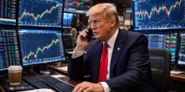 Donald Trump operando en la bolsa de valores frente a múltiples pantallas con gráficos financieros.