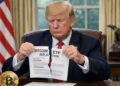 Trump rompe la solicitud de ETF de Bitcoin en una oficina presidencial con una moneda BTC sobre el escritorio.