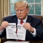 Trump rompe la solicitud de ETF de Bitcoin en una oficina presidencial con una moneda BTC sobre el escritorio.