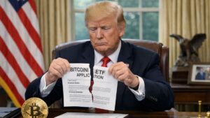 Trump rompe la solicitud de ETF de Bitcoin en una oficina presidencial con una moneda BTC sobre el escritorio.