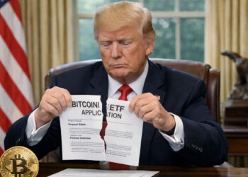 Trump rompe la solicitud de ETF de Bitcoin en una oficina presidencial con una moneda BTC sobre el escritorio.