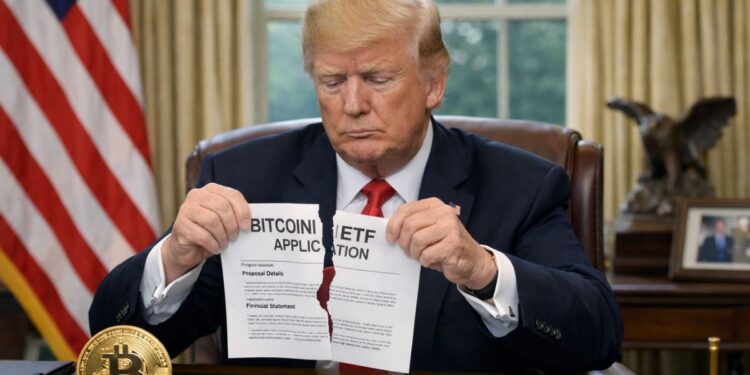 Trump rompe la solicitud de ETF de Bitcoin en una oficina presidencial con una moneda BTC sobre el escritorio.