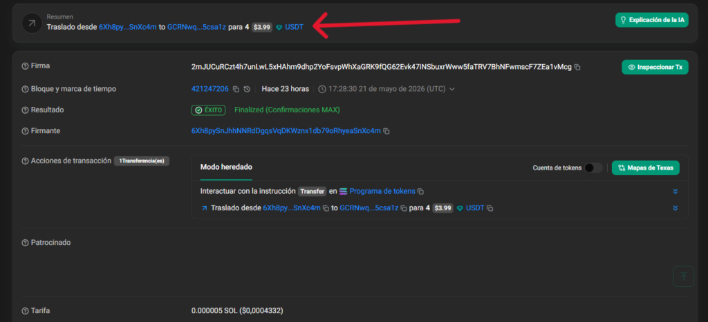 Una transacción efectuada en la red de criptomonedas Solana.