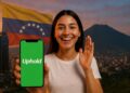 Mujer sonriente sosteniendo un teléfono con la app de Uphold.