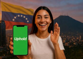 Mujer sonriente sosteniendo un teléfono con la app de Uphold.