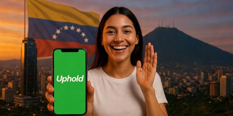 Mujer sonriente sosteniendo un teléfono con la app de Uphold.