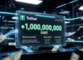 1.000 millones de USDT recién emitidos por Tether en una pantalla holográfica futurista.
