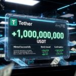 1.000 millones de USDT recién emitidos por Tether en una pantalla holográfica futurista.