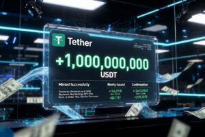 1.000 millones de USDT recién emitidos por Tether en una pantalla holográfica futurista.