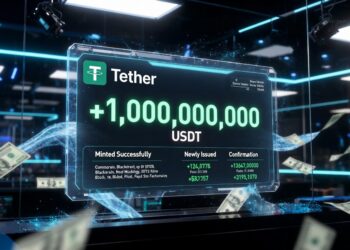 1.000 millones de USDT recién emitidos por Tether en una pantalla holográfica futurista.