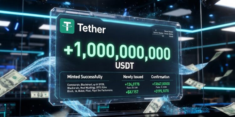 1.000 millones de USDT recién emitidos por Tether en una pantalla holográfica futurista.