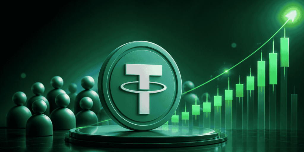 Logo de Tether con velas en verde. Implica crecimiento.