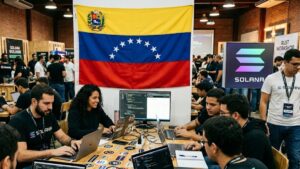 Bandera de Venezuela, con el logo de Solana en un salón con builders y desarrolladores.
