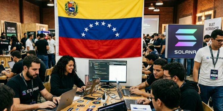 Bandera de Venezuela, con el logo de Solana en un salón con builders y desarrolladores.