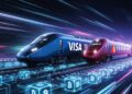 Dos trenes idénticos de alta velocidad (uno con logo Visa, otro con Mastercard) corriendo juntos sobre los mismos rieles de criptomonedas.