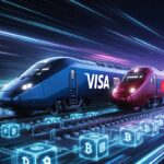 Dos trenes idรฉnticos de alta velocidad (uno con logo Visa, otro con Mastercard) corriendo juntos sobre los mismos rieles de criptomonedas.
