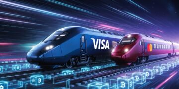 Dos trenes idénticos de alta velocidad (uno con logo Visa, otro con Mastercard) corriendo juntos sobre los mismos rieles de criptomonedas.