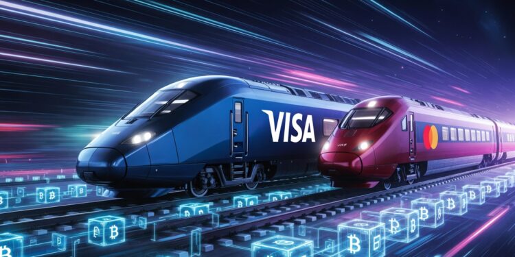 Dos trenes idénticos de alta velocidad (uno con logo Visa, otro con Mastercard) corriendo juntos sobre los mismos rieles de criptomonedas.