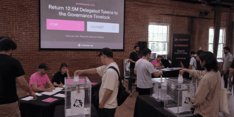 Representación de una votación en un centro físico, con personas depositando sus votos en urnas, generada por inteligencia artificial.